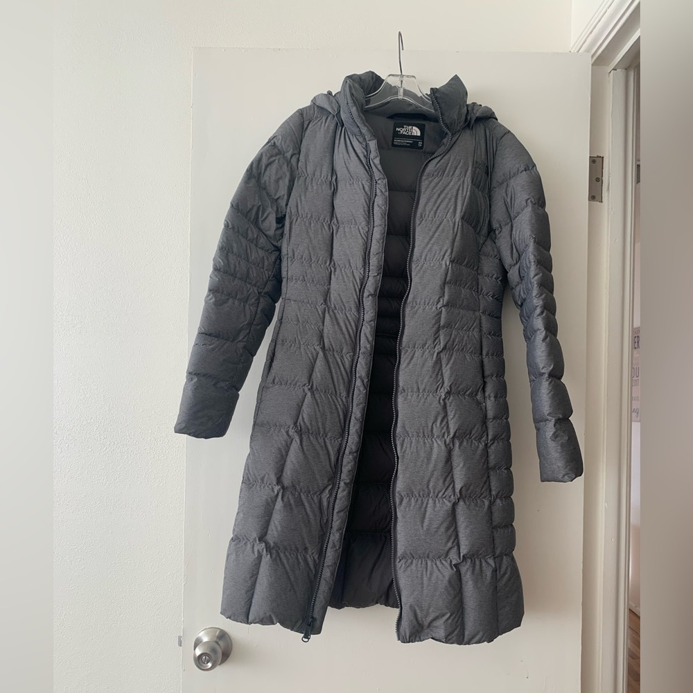 North face grey long puffer coat size xsm